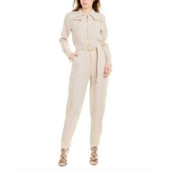 We Wore What Womens Linen Utility Jumpsuit Size M Boiler Suit Zip Front Neutral - Picture 2 of 12
